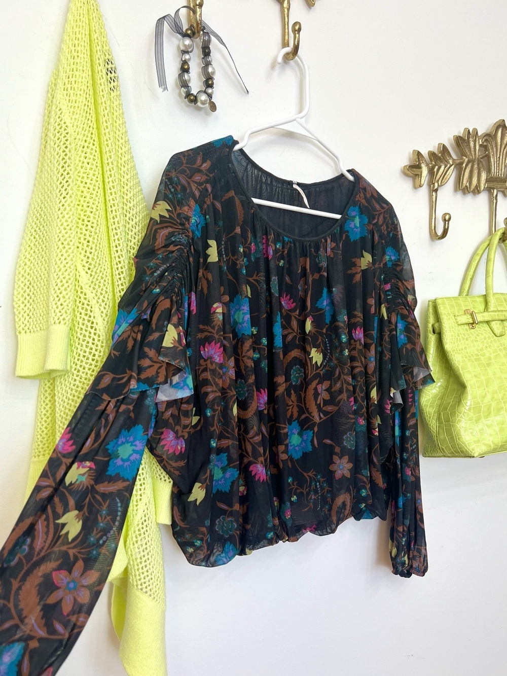 Free People wildflower honey mesh layered and ruffle sleeve blouse S/M ptp 20”
